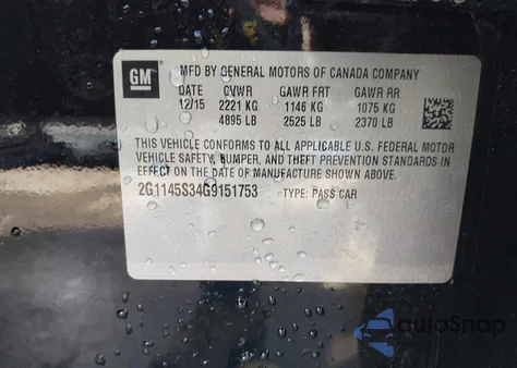 2016 Chevrolet Impala 2Lz from USA, damaged, VIN 2G1145S34G9151753